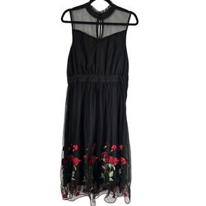 ModCloth Dress Womens Size L Black Sleeveless Tulle Embroidered Roses Mesh Midi